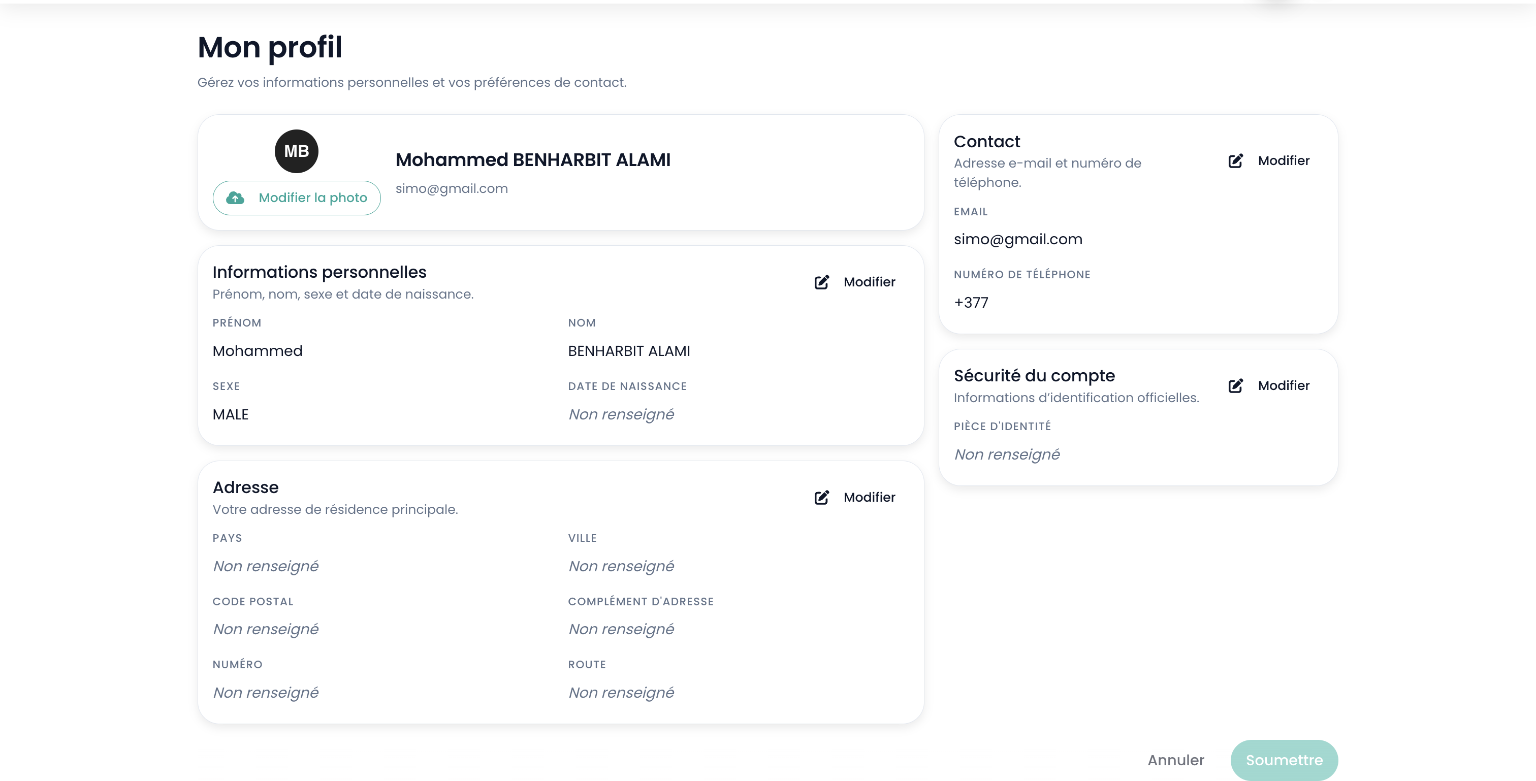Aperçu de la page profil